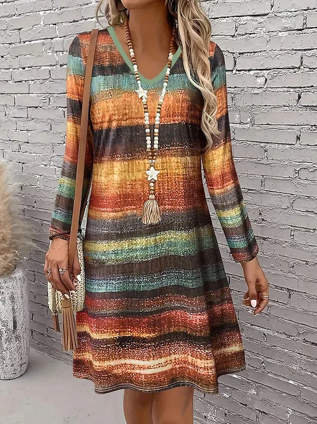 Damen Geometrisch Frühling/Herbst Kleid V-Ausschnitt Langarm A-Linien-Kleid
