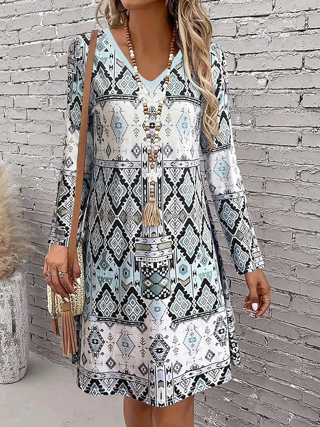 Damen Geometrisch Frühling/Herbst Kleid V-Ausschnitt Langarm A-Linien-Kleid