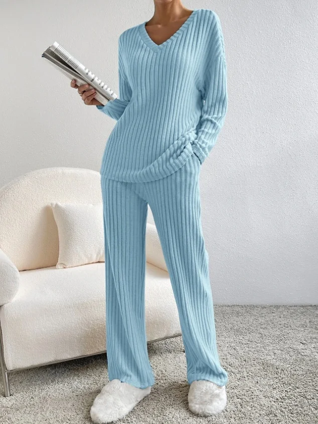 Damen Unifarben Geprägt Zweiteiliges Set Täglich Langarm Lässig Frühling/Herbst Bluse mit Hose Matching Set
