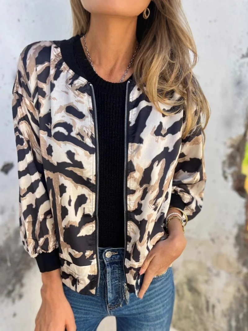 Damen Frühling/Herbst Oberbekleidung Retro Print Leopard Langarm Stehkragen Jacke