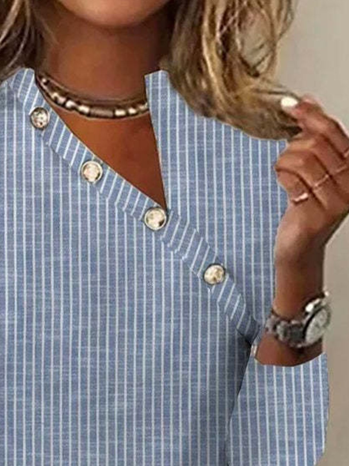 Asymmetrisch Langarm Gestreift Pullover Geknöpft Leicht Regelmäßige Passform Bluse für Damen
