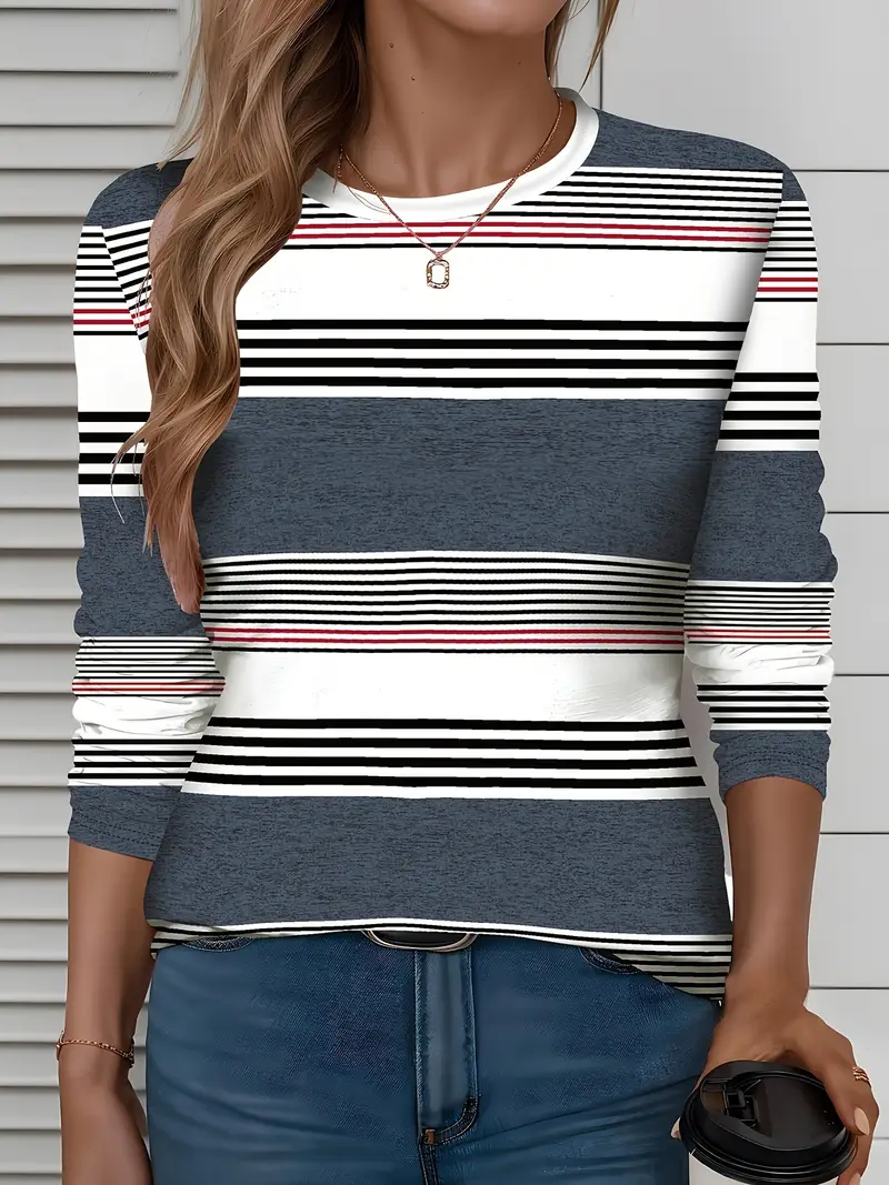 Lässig Gestreift Rundhals Langarm T-Shirt
