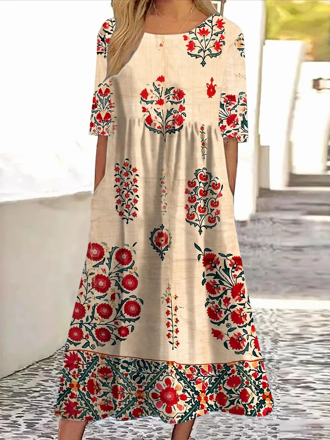 Damen Gestreift Sommer Kleid Rundhals Kurzarm A-Linien-Kleid