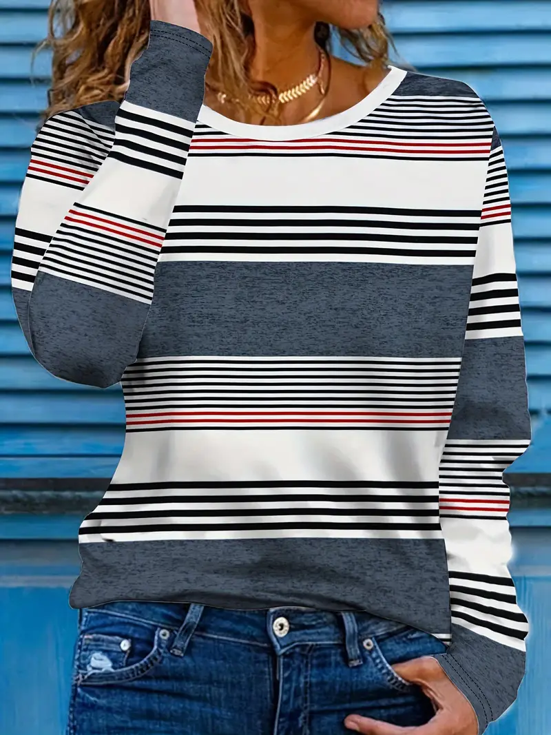 Lässig Gestreift Rundhals Langarm T-Shirt