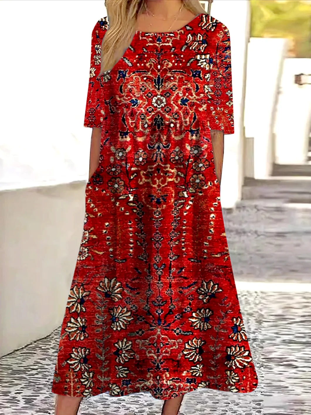 Damen Gestreift Sommer Kleid Rundhals Kurzarm A-Linien-Kleid