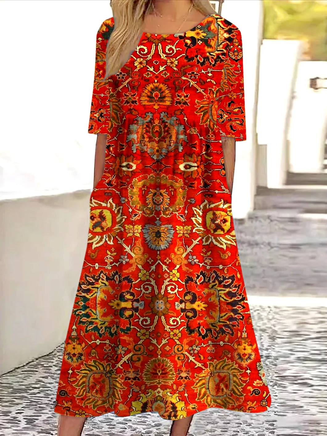 Damen Gestreift Sommer Kleid Rundhals Kurzarm A-Linien-Kleid