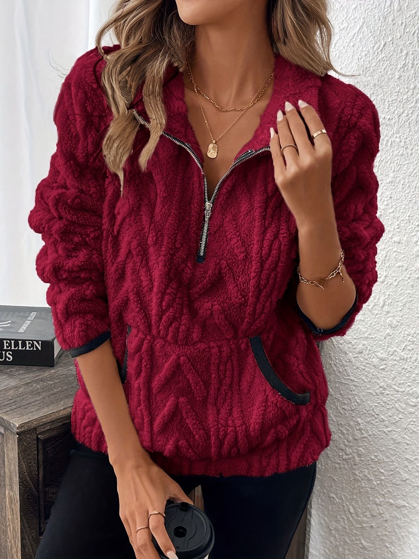 Lässig V-Ausschnitt Unifarben Sweatshirt