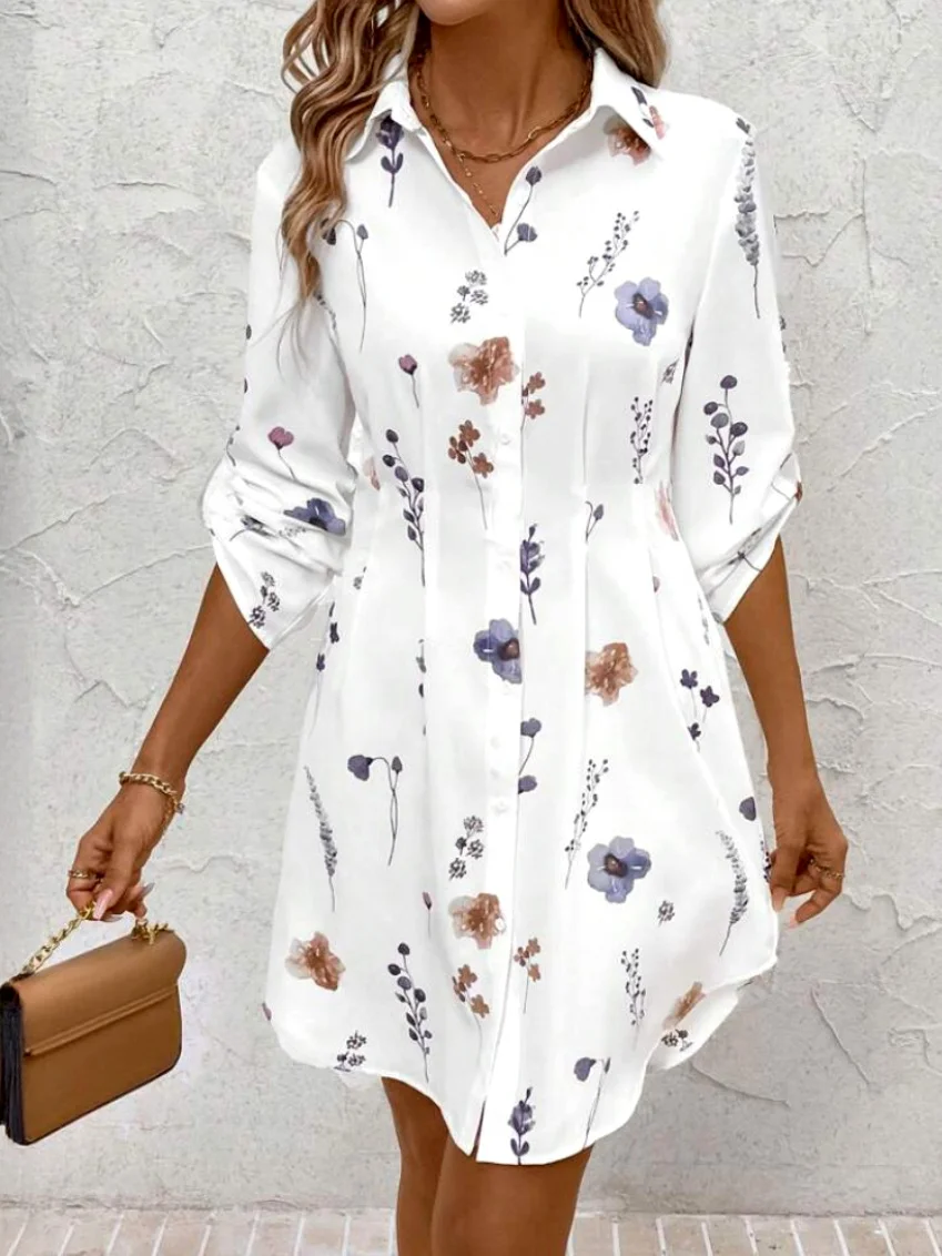 Damen Geblümt Frühling/Herbst Kleid Hemdkragen Langarm A-Linien-Kleid