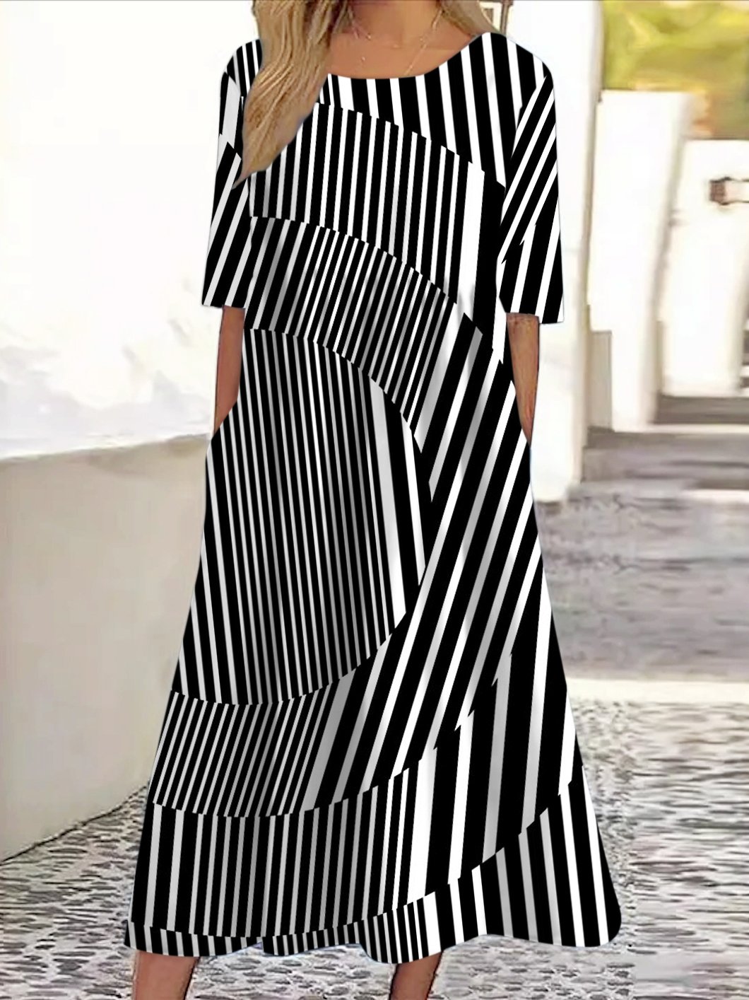 Damen Gestreift Sommer Kleid Rundhals Kurzarm A-Linien-Kleid