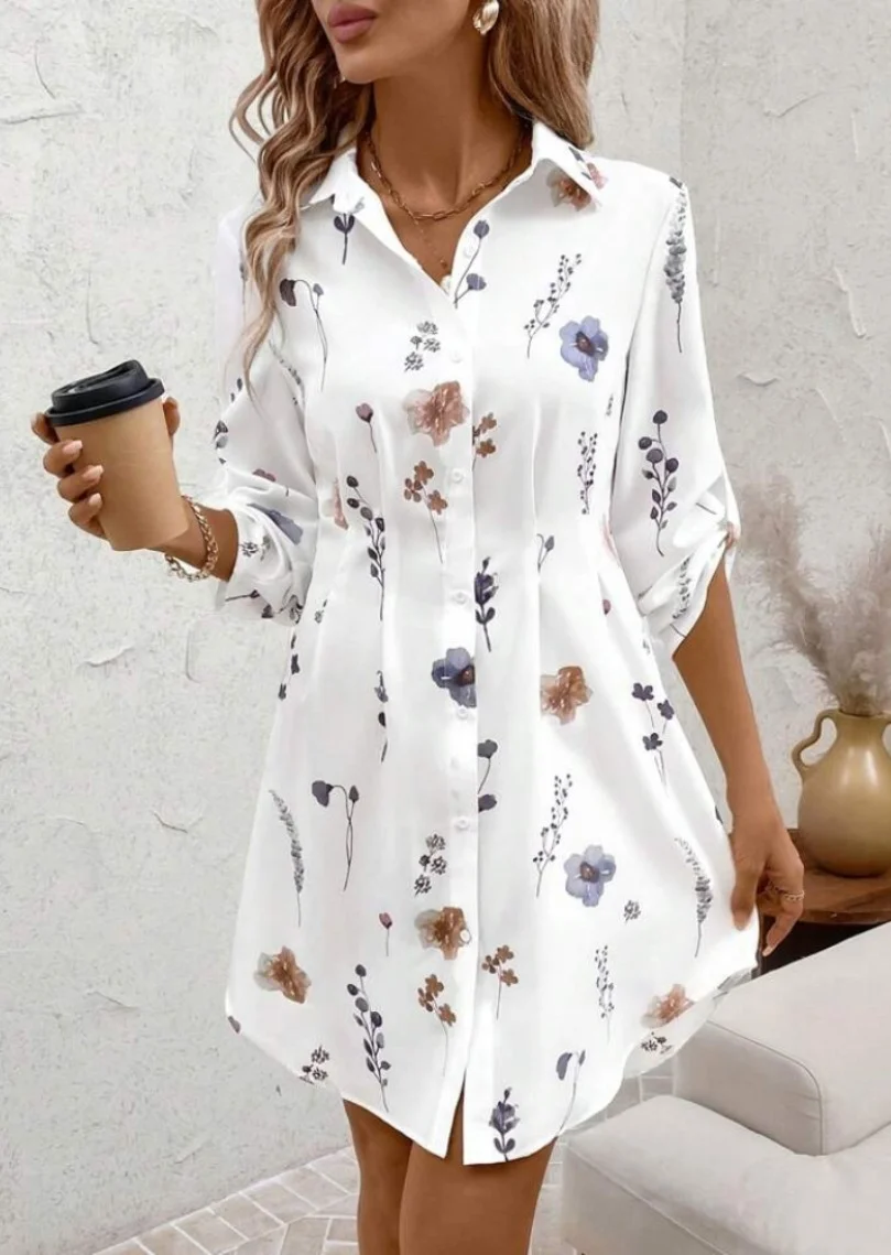 Damen Geblümt Frühling/Herbst Kleid Hemdkragen Langarm A-Linien-Kleid