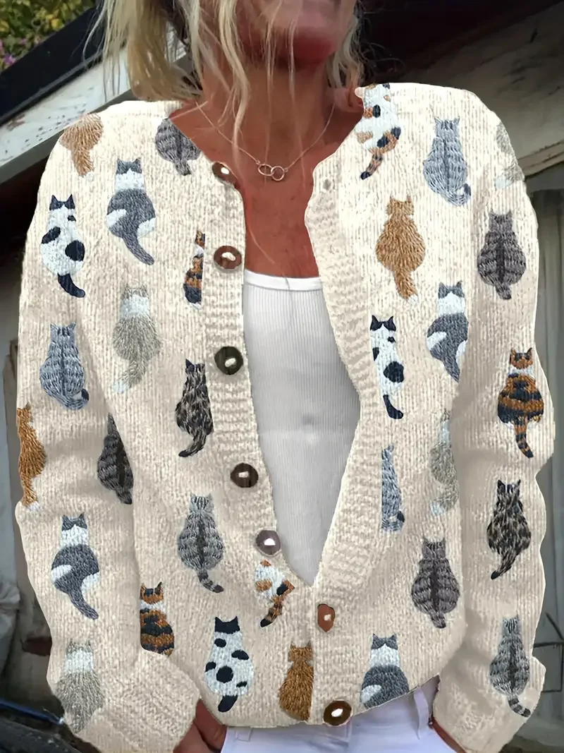 Damen Gestrickt Katze Langarm Bequem Retro Strickjacke