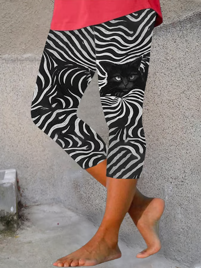 Damen Katze Caprihosen Elastische Taille Hose Lässig Sommer Hose