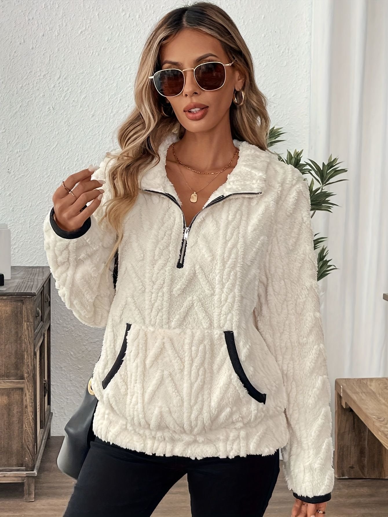 Lässig V-Ausschnitt Unifarben Sweatshirt