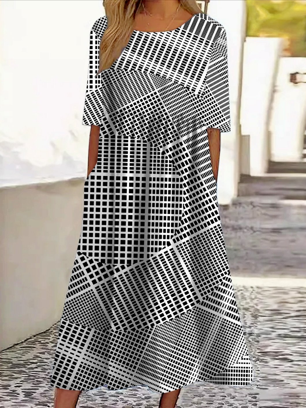 Damen Gestreift Sommer Kleid Rundhals Kurzarm A-Linien-Kleid