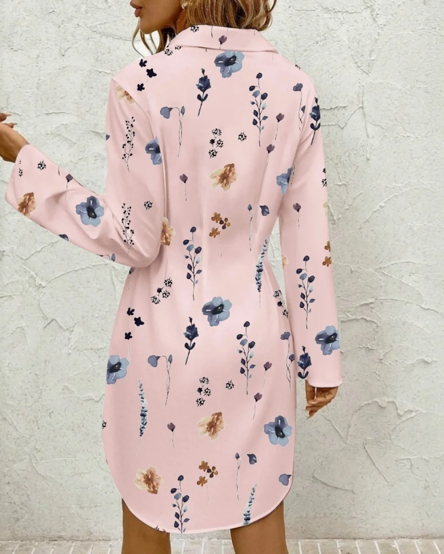 Damen Geblümt Frühling/Herbst Kleid Hemdkragen Langarm A-Linien-Kleid