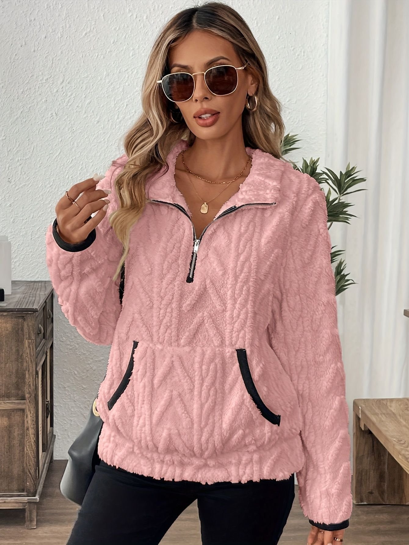 Lässig V-Ausschnitt Unifarben Sweatshirt