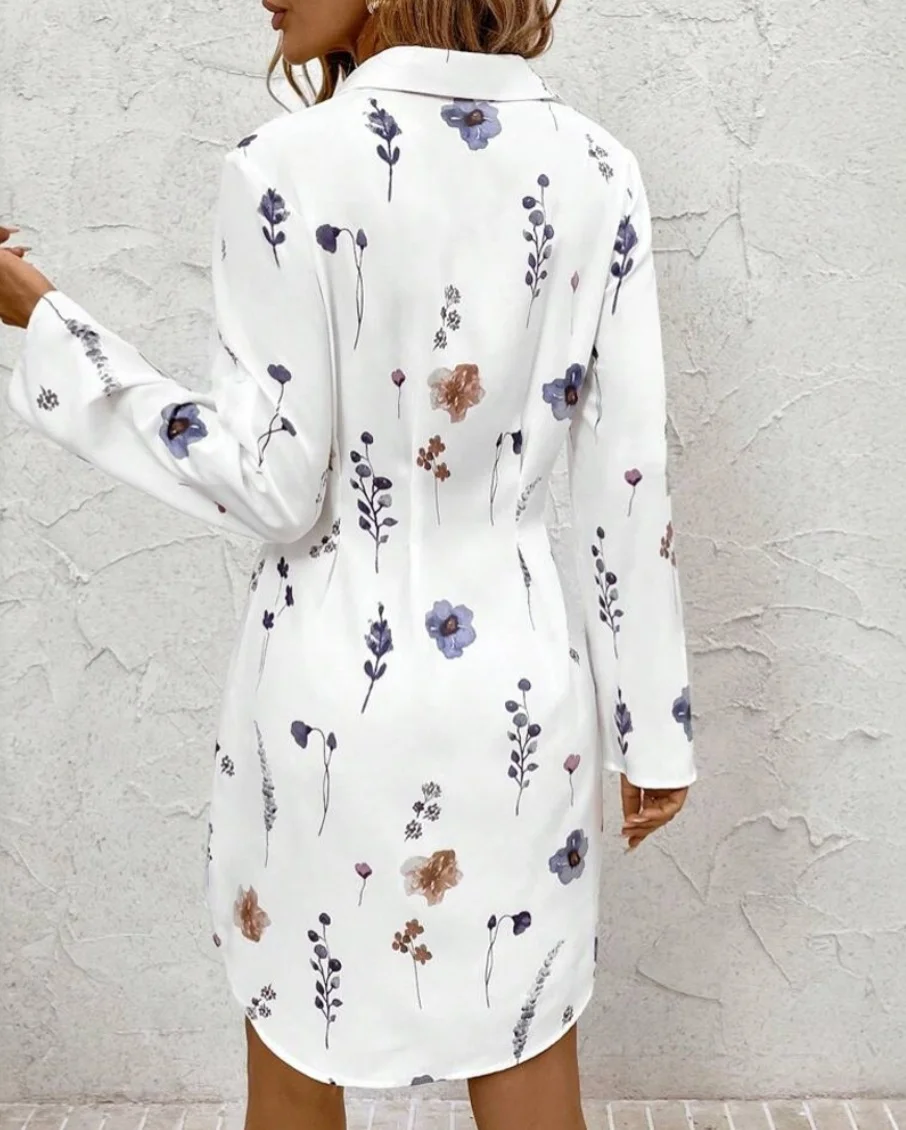 Damen Geblümt Frühling/Herbst Kleid Hemdkragen Langarm A-Linien-Kleid
