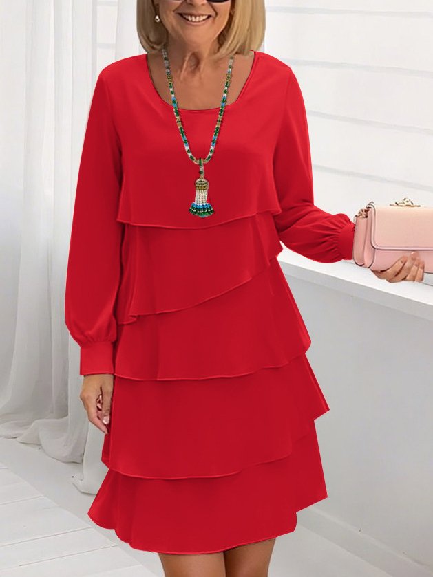 Damen Unifarben Frühling/Herbst Kleid Rundhals Langarm A-Linien-Kleid