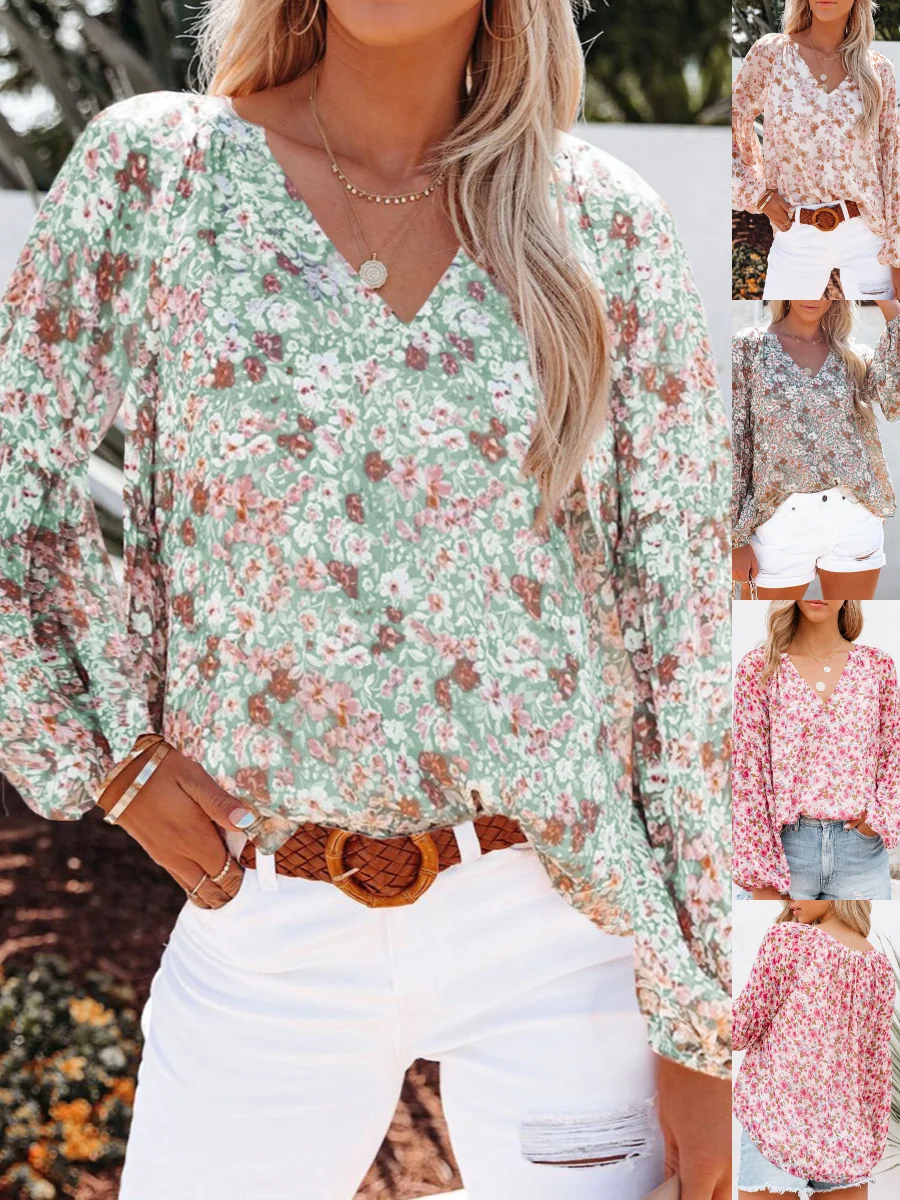 V-Ausschnitt Ballon-Ärmel Langarm Geblümt Print Regelmäßig Mikroelastizität Weit Bluse für Damen
