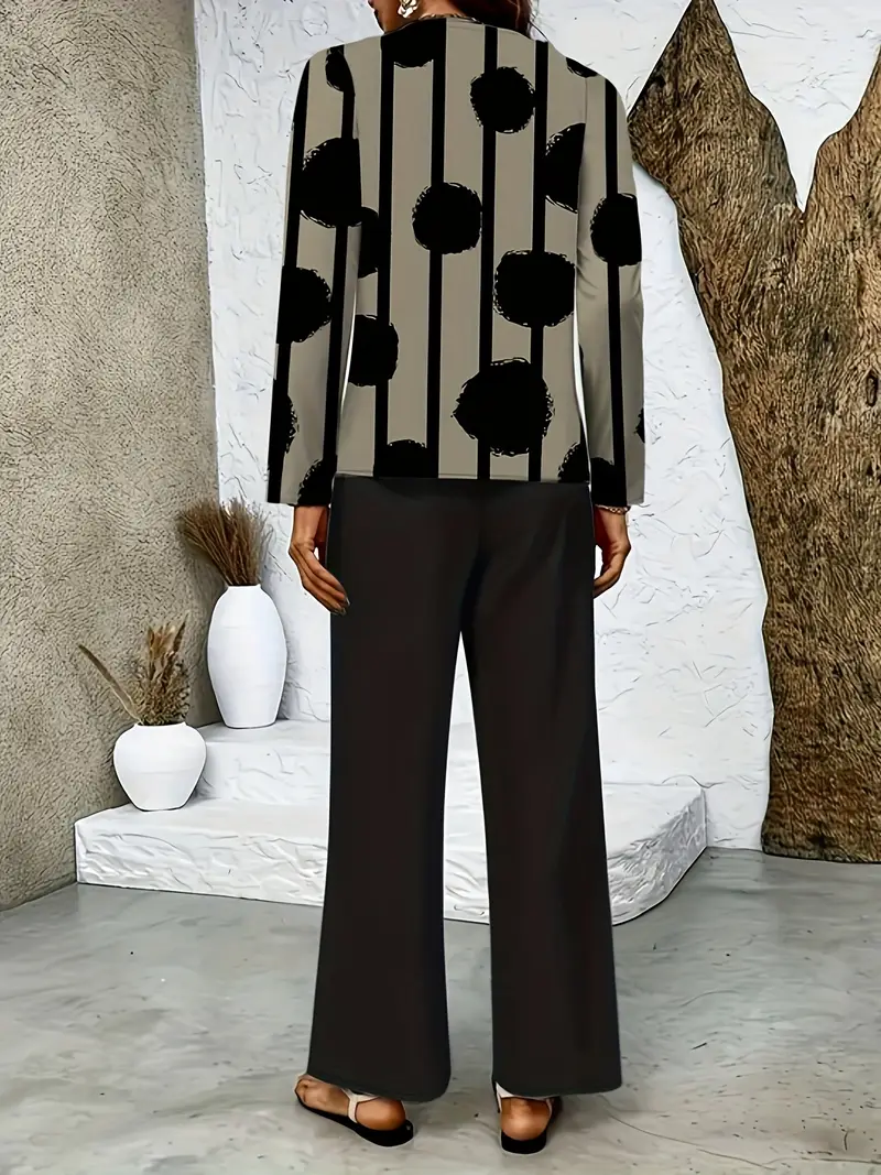 Damen Gestreift Print Zweiteiliges Set Täglich Langarm Lässig Frühling/Herbst Bluse mit Hose Matching Set
