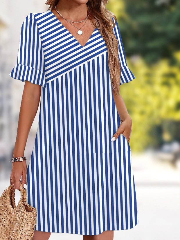 Damen Unifarben Sommer Kleid V-Ausschnitt Kurzarm Passen & Flare Kleid A-Linien-Kleid
