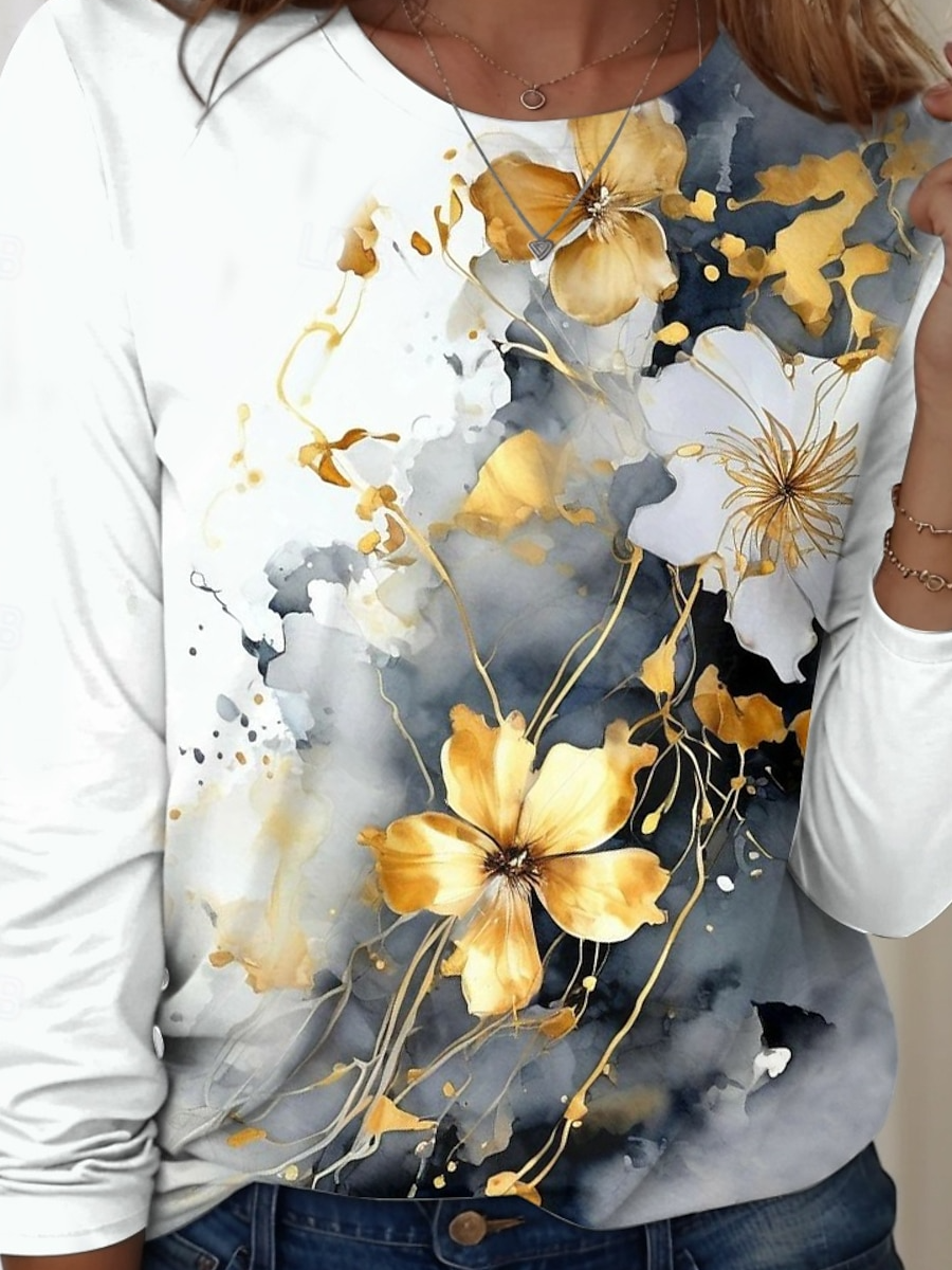 Lässig Geblümt Rundhals Langarm T-Shirt