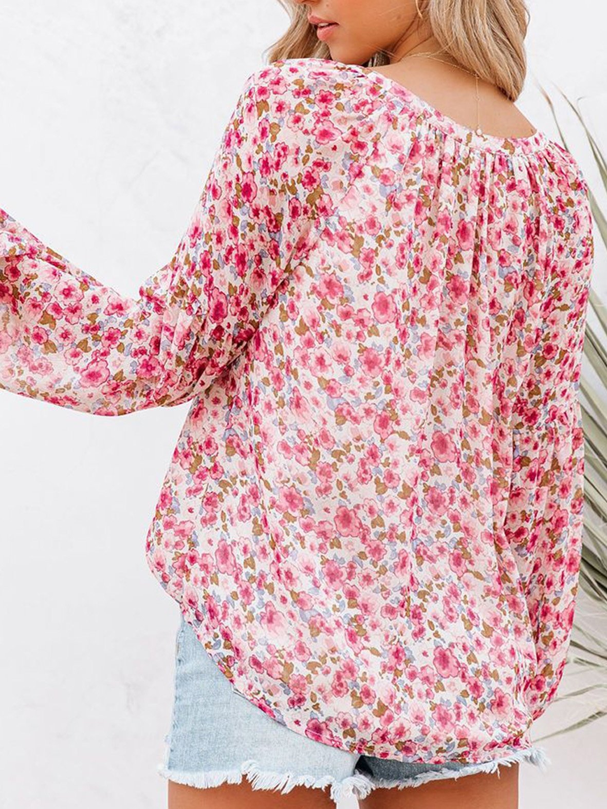 V-Ausschnitt Ballon-Ärmel Langarm Geblümt Print Regelmäßig Mikroelastizität Weit Bluse für Damen