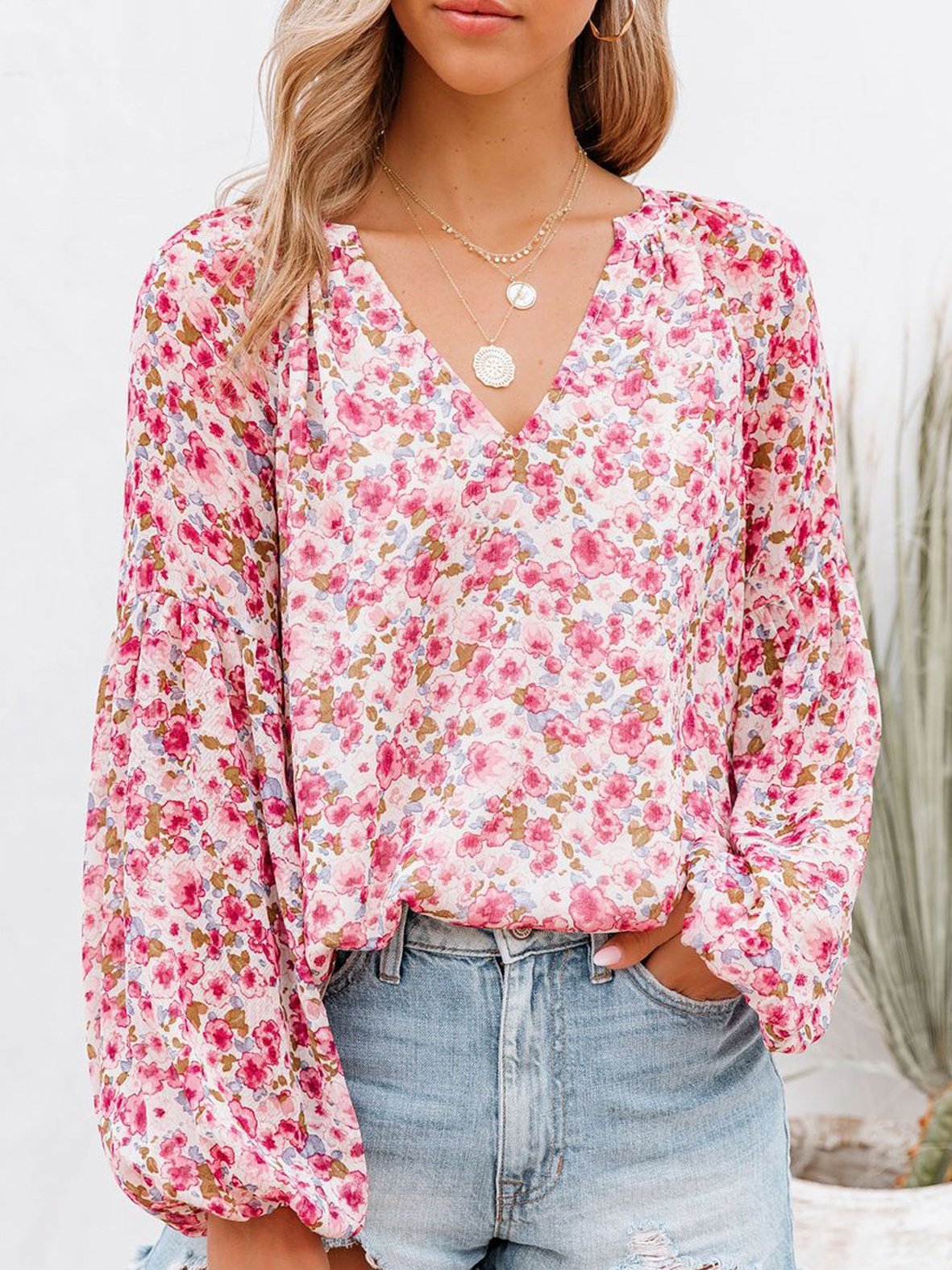 V-Ausschnitt Ballon-Ärmel Langarm Geblümt Print Regelmäßig Mikroelastizität Weit Bluse für Damen