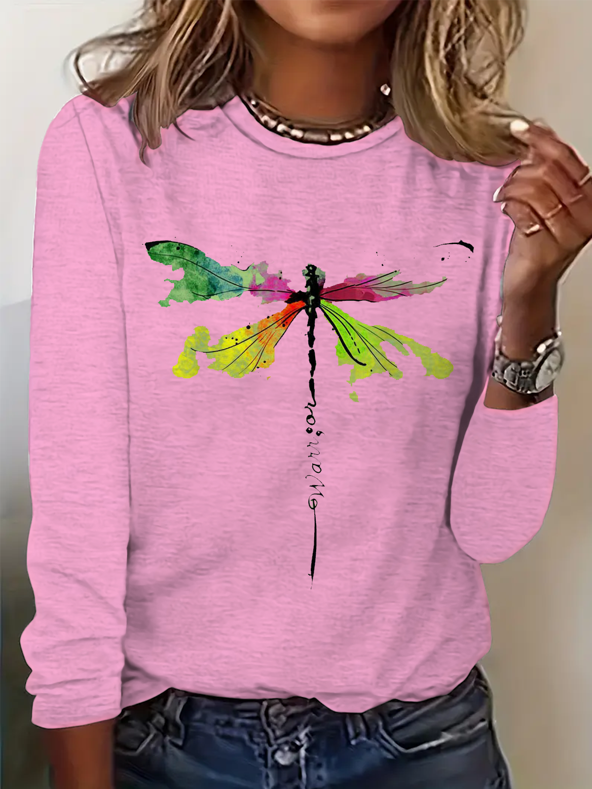 Lässig Libelle Rundhals Langarm T-Shirt