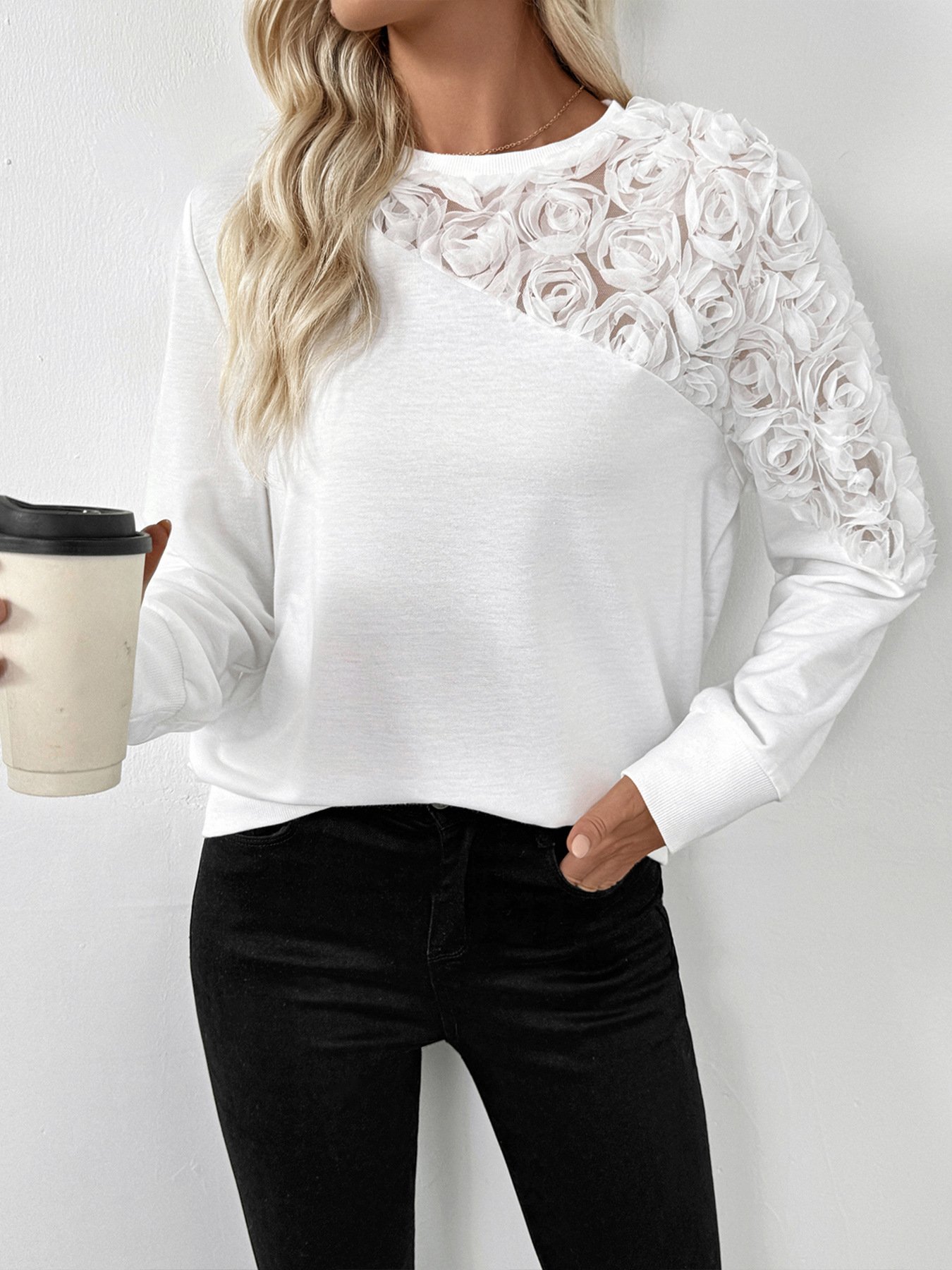 Lässig Rundhals Geblümt Sweatshirt
