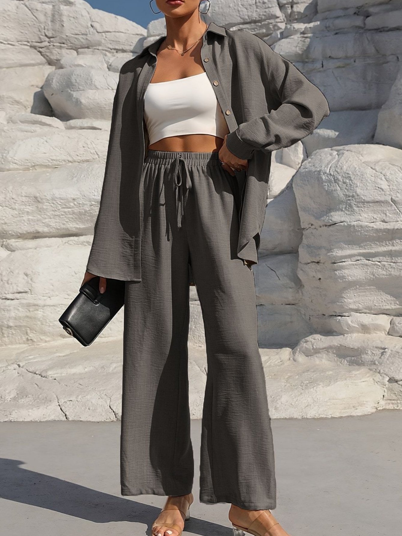 Damen Unifarben Nahtverarbeitung Zweiteiliges Set Täglich Langarm Lässig Frühling/Herbst Bluse mit Hose Matching Set