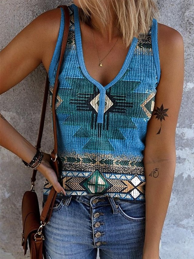 Lässig V-Ausschnitt Geometrisch Tanktop Oberteile