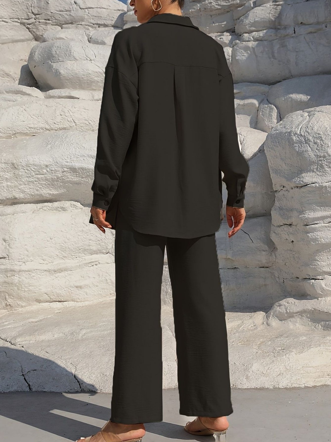 Damen Unifarben Nahtverarbeitung Zweiteiliges Set Täglich Langarm Lässig Frühling/Herbst Bluse mit Hose Matching Set