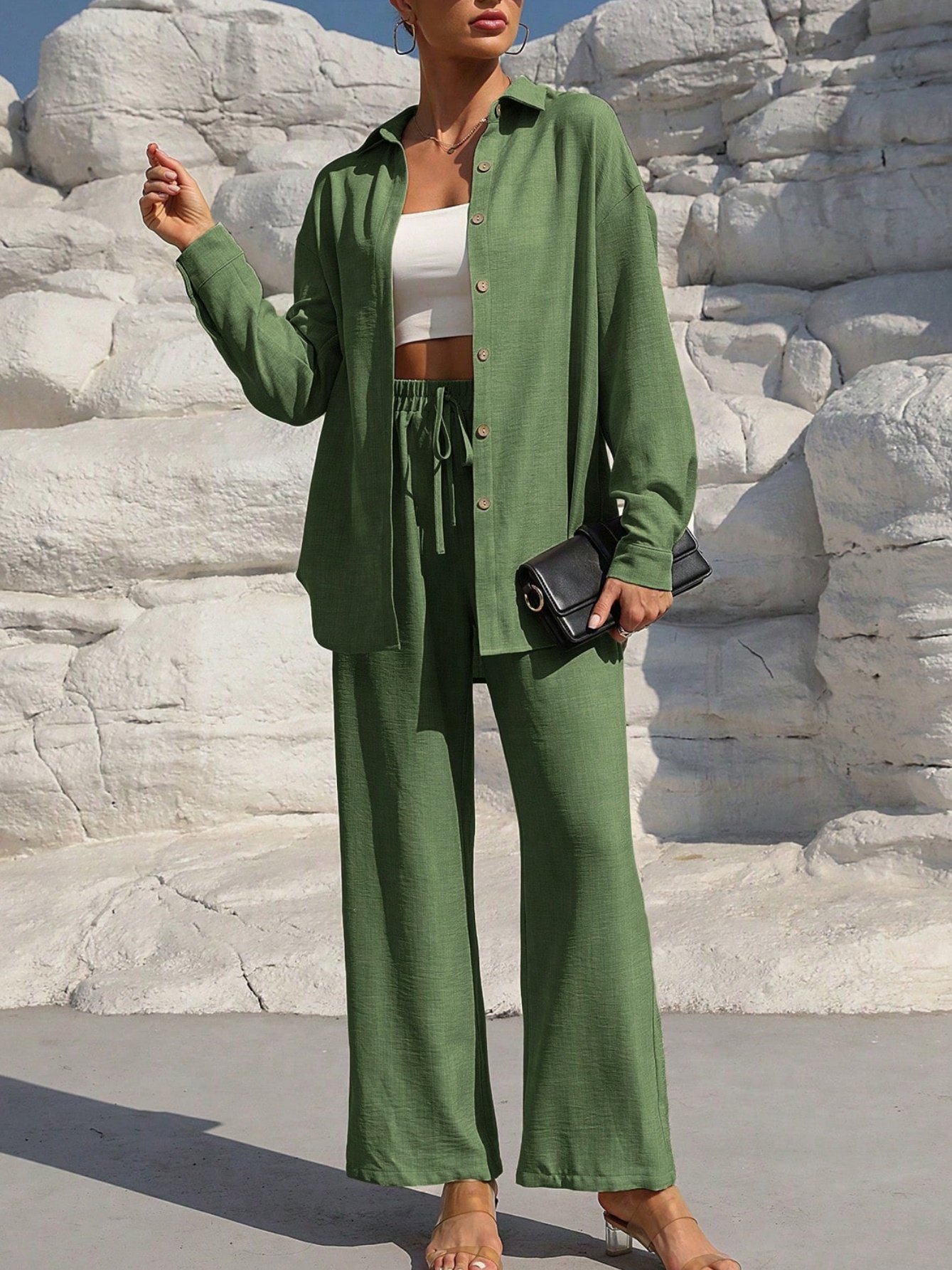 Damen Unifarben Nahtverarbeitung Zweiteiliges Set Täglich Langarm Lässig Frühling/Herbst Bluse mit Hose Matching Set