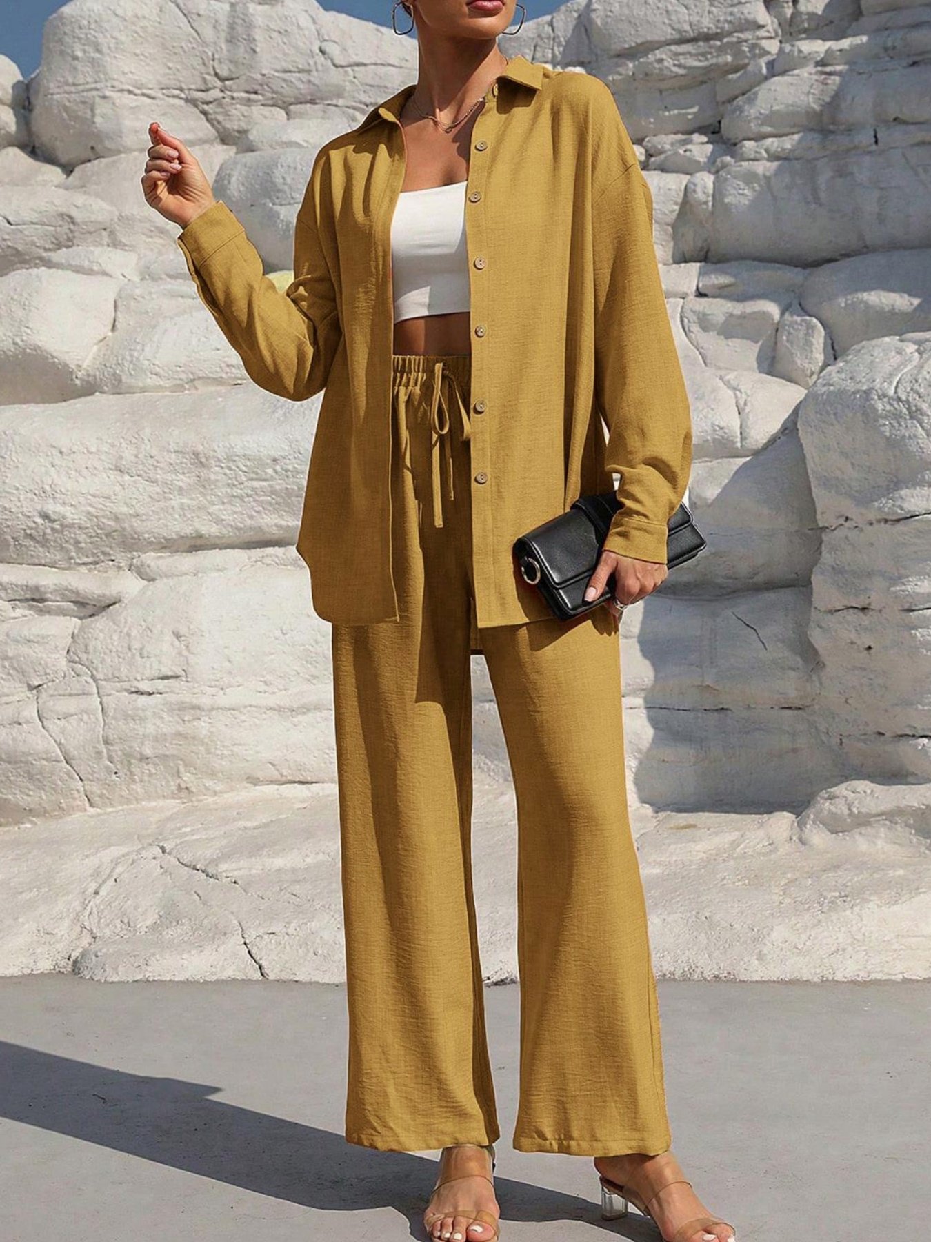 Damen Unifarben Nahtverarbeitung Zweiteiliges Set Täglich Langarm Lässig Frühling/Herbst Bluse mit Hose Matching Set