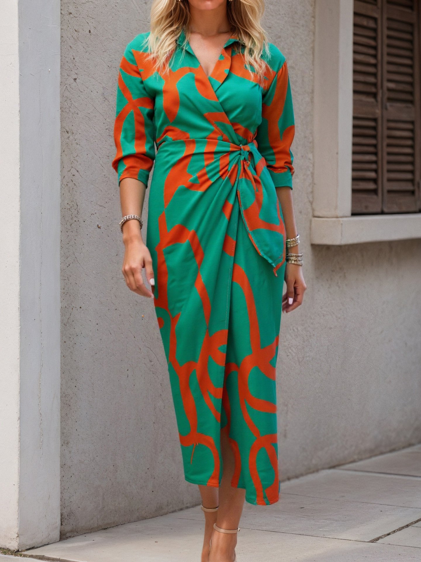 Damen Geometrisch Frühling/Herbst Kleid Hemdkragen Langarm A-Linien-Kleid