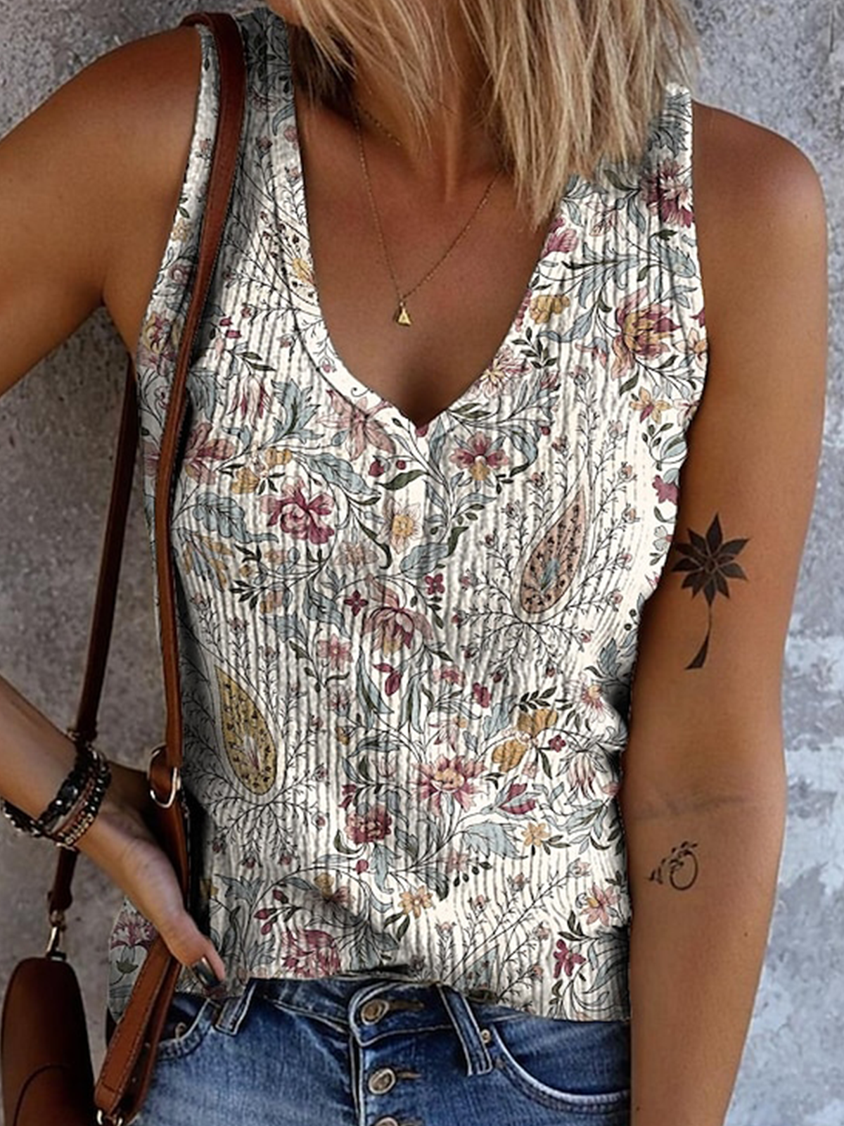 Lässig V-Ausschnitt Geblümt Tanktop Oberteile
