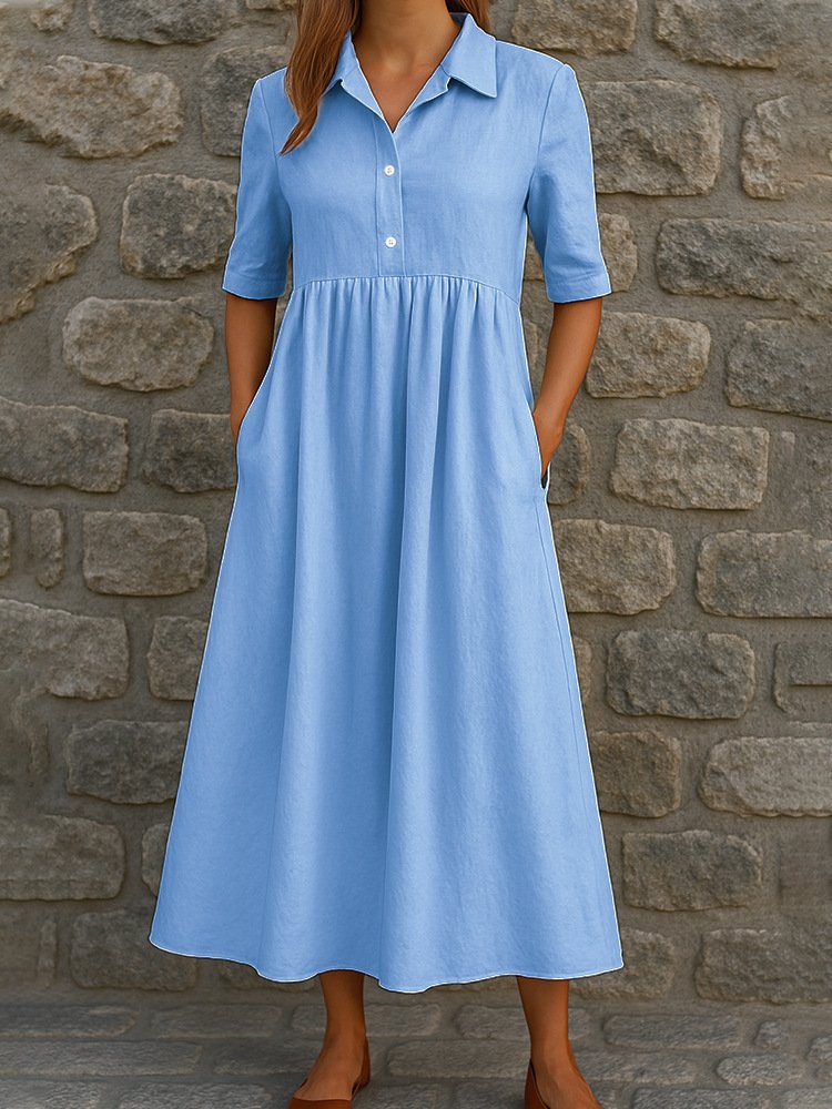 Damen Unifarben Sommer Kleid Hemdkragen Kurzarm A-Linien-Kleid