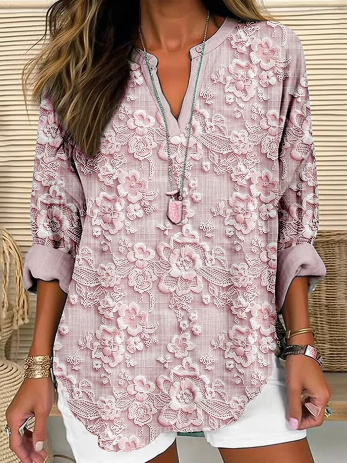 V-Ausschnitt Langarm Geblümt Print Regelmäßig Weit Bluse für Damen