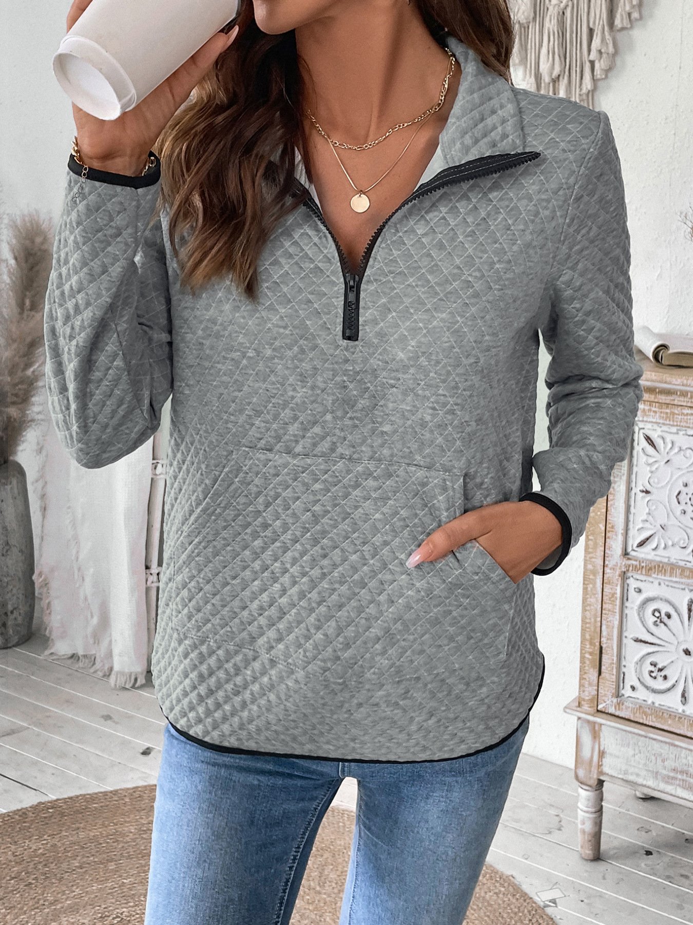 Lässig Polokragen Unifarben Sweatshirt