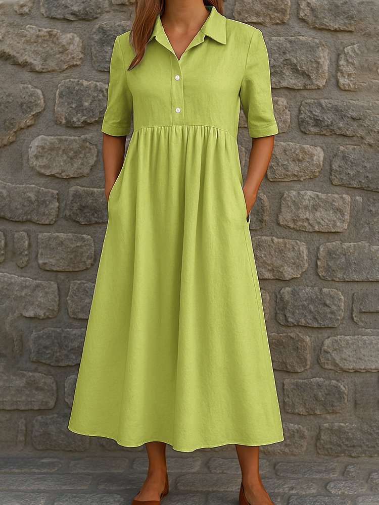 Damen Unifarben Sommer Kleid Hemdkragen Kurzarm A-Linien-Kleid