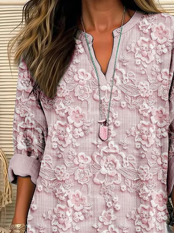 V-Ausschnitt Langarm Geblümt Print Regelmäßig Weit Bluse für Damen