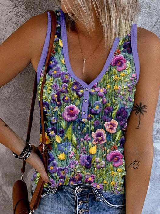 Lässig V-Ausschnitt Geblümt Tanktop Oberteile