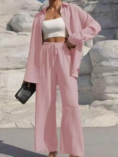 Damen Unifarben Nahtverarbeitung Zweiteiliges Set Täglich Langarm Lässig Frühling/Herbst Bluse mit Hose Matching Set