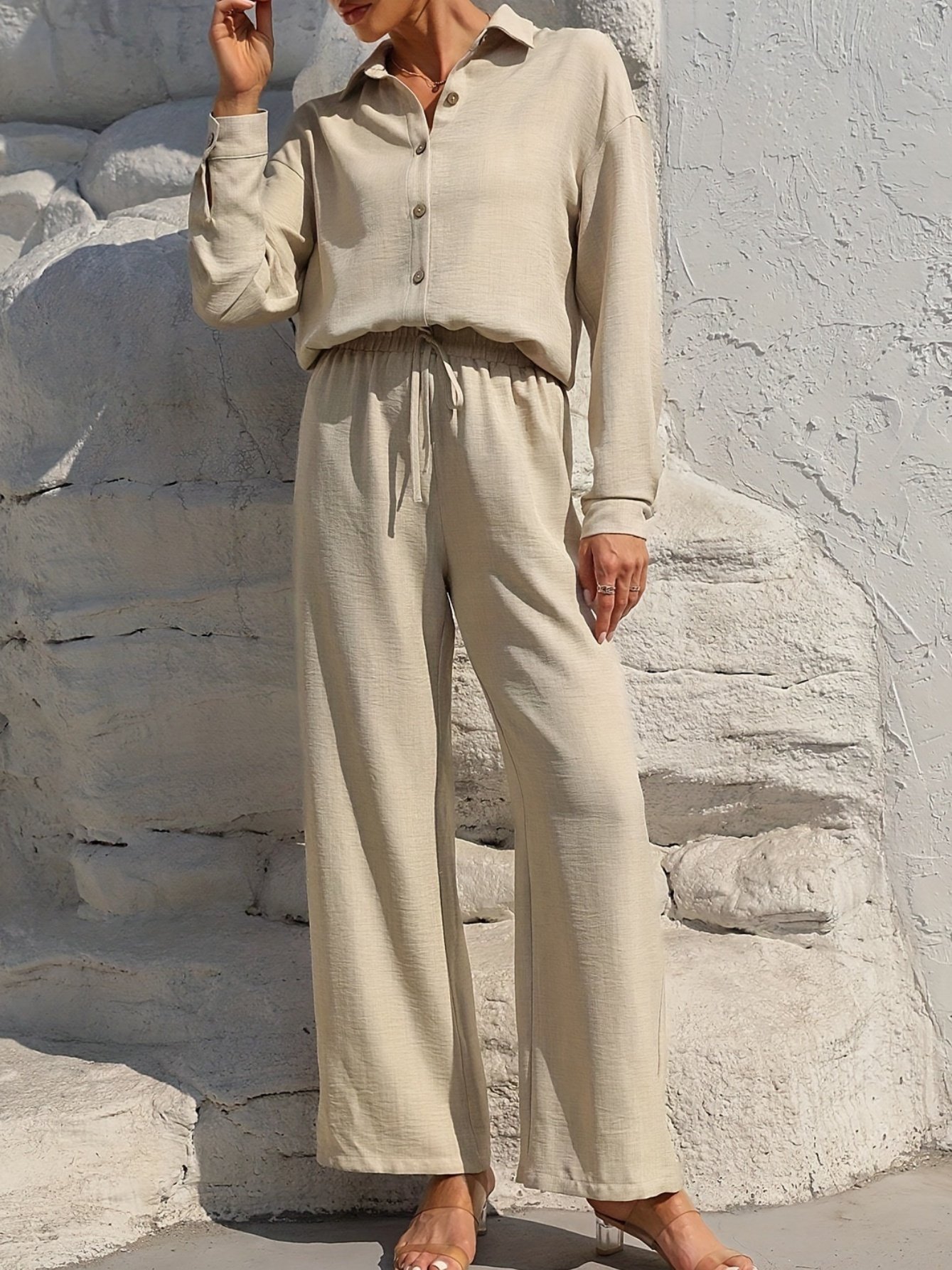 Damen Unifarben Nahtverarbeitung Zweiteiliges Set Täglich Langarm Lässig Frühling/Herbst Bluse mit Hose Matching Set
