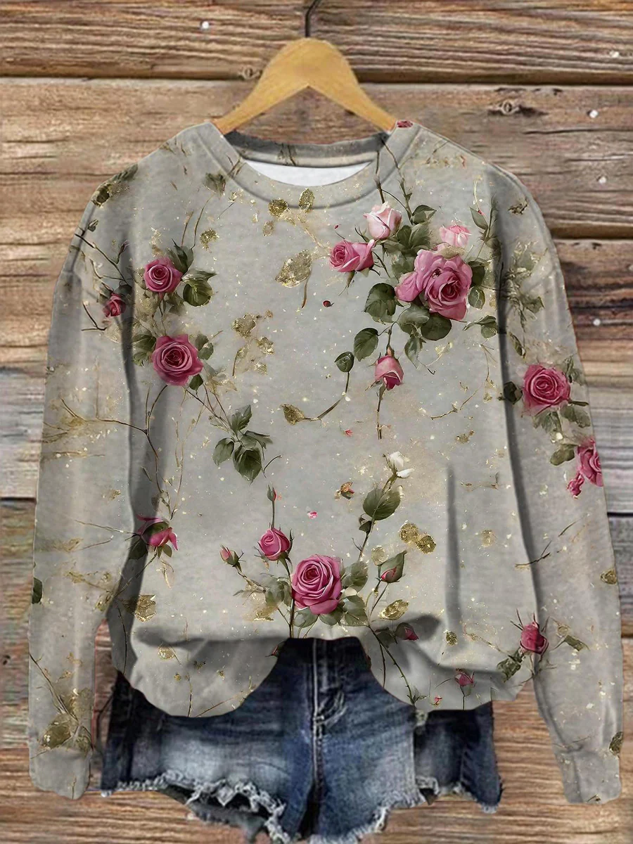 Lässig Rundhals Geblümt Sweatshirt Print