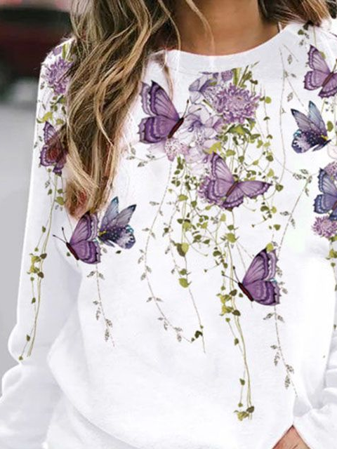 Lässig Rundhals Schmetterling Sweatshirt Print