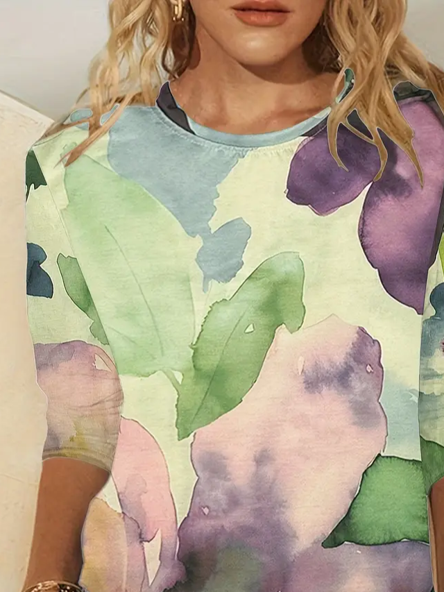 Lässig Geblümt Rundhals Langarm T-Shirt