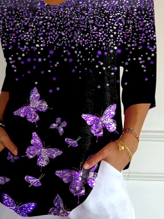Lässig Schmetterling V-Ausschnitt Dreiviertelärmel T-Shirt