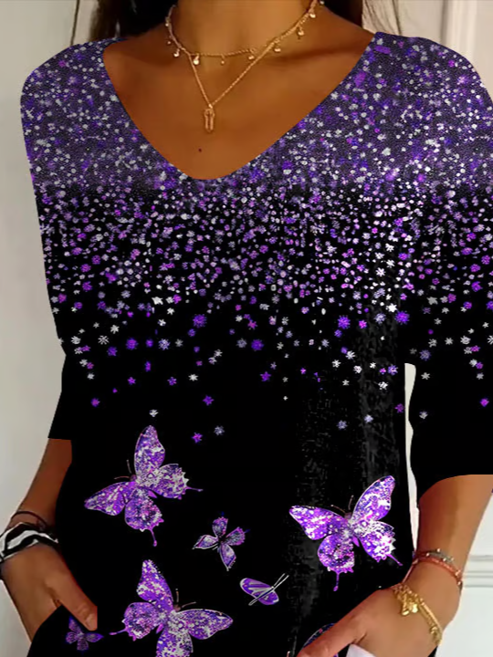 Lässig Schmetterling V-Ausschnitt Dreiviertelärmel T-Shirt